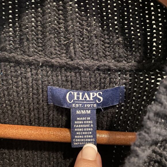 Vtg Chaps Cable Chunky Sweater Womens Medium Black Fisherman Sparkly Mock Neck - Picture 2 of 13